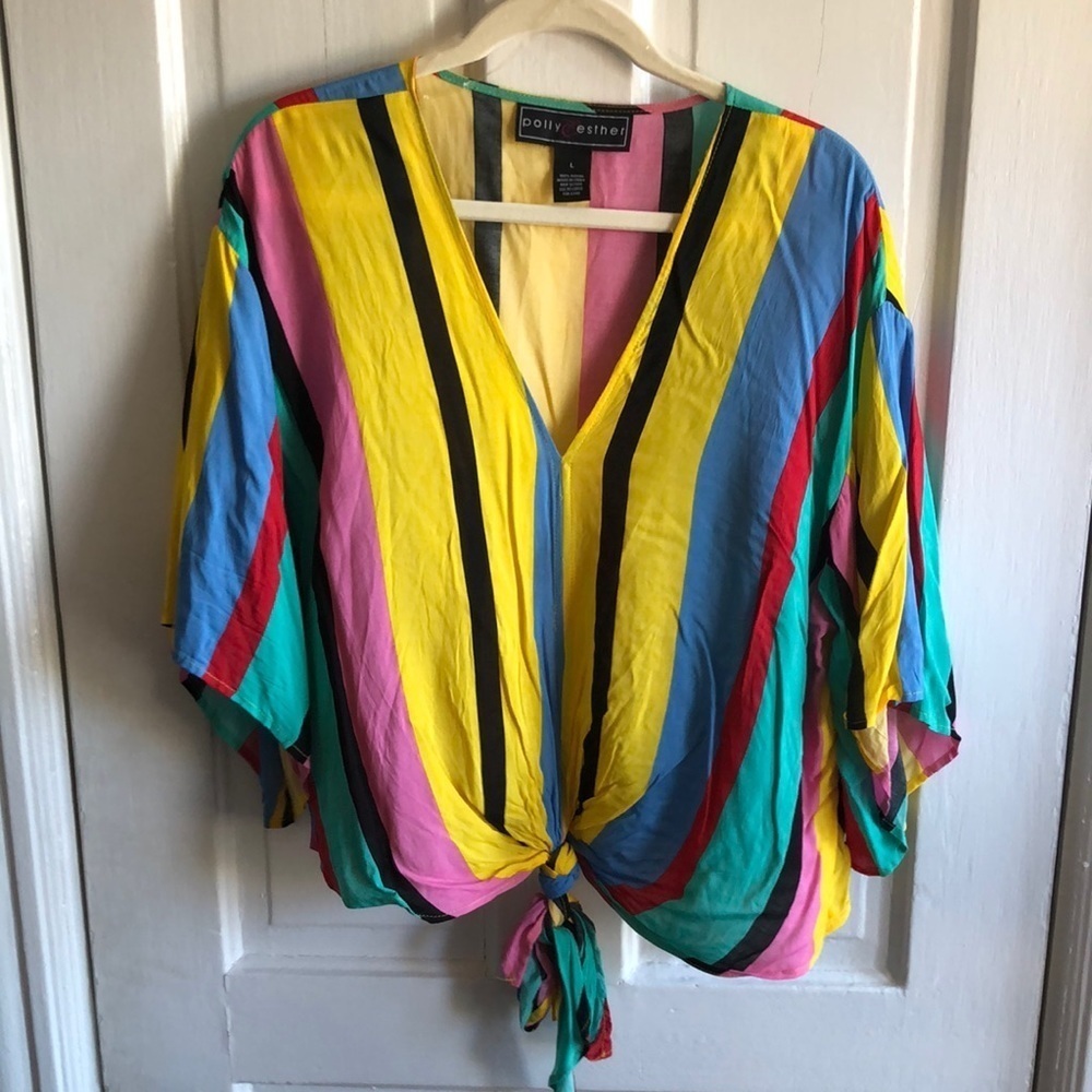 SALE Polly & Esther Bright Stripe Boxy Tie Waist Wide Short Sleeve Blouse Top